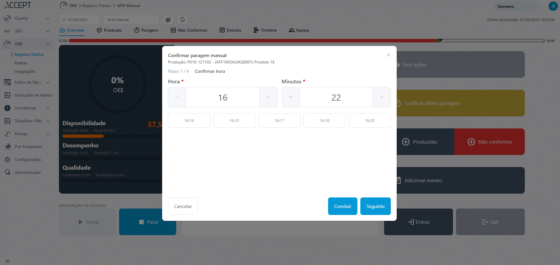 Postos Manuais no ACCEPT OEE Paragem do Processo
