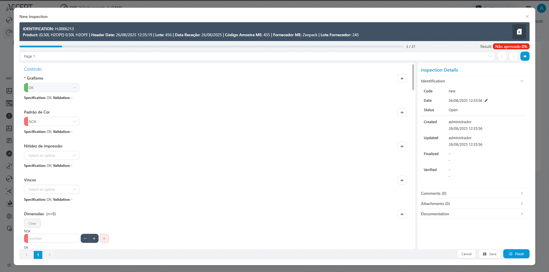 Vista formulário plugin checklists do ACCEPT OEE